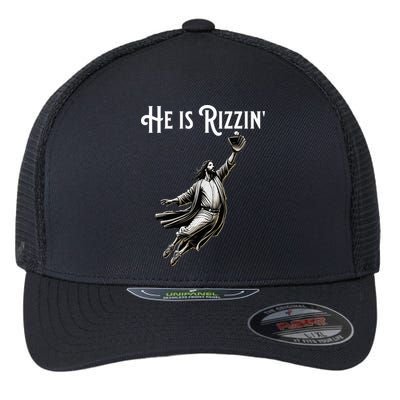 He Is Rizzin Jesus Playing Baseball Funny Sports Rizz Flexfit Unipanel Trucker Cap