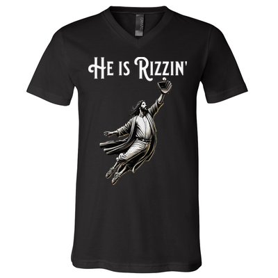 He Is Rizzin Jesus Playing Baseball Funny Sports Rizz V-Neck T-Shirt