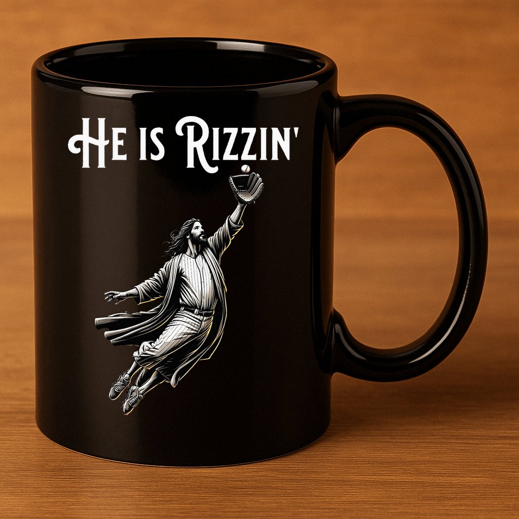 He Is Rizzin Jesus Playing Baseball Funny Sports Rizz 11oz C Handle Ceramic Mug