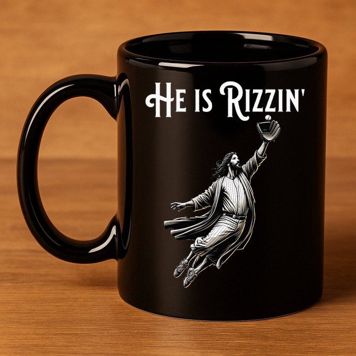 He Is Rizzin Jesus Playing Baseball Funny Sports Rizz 11oz C Handle Ceramic Mug