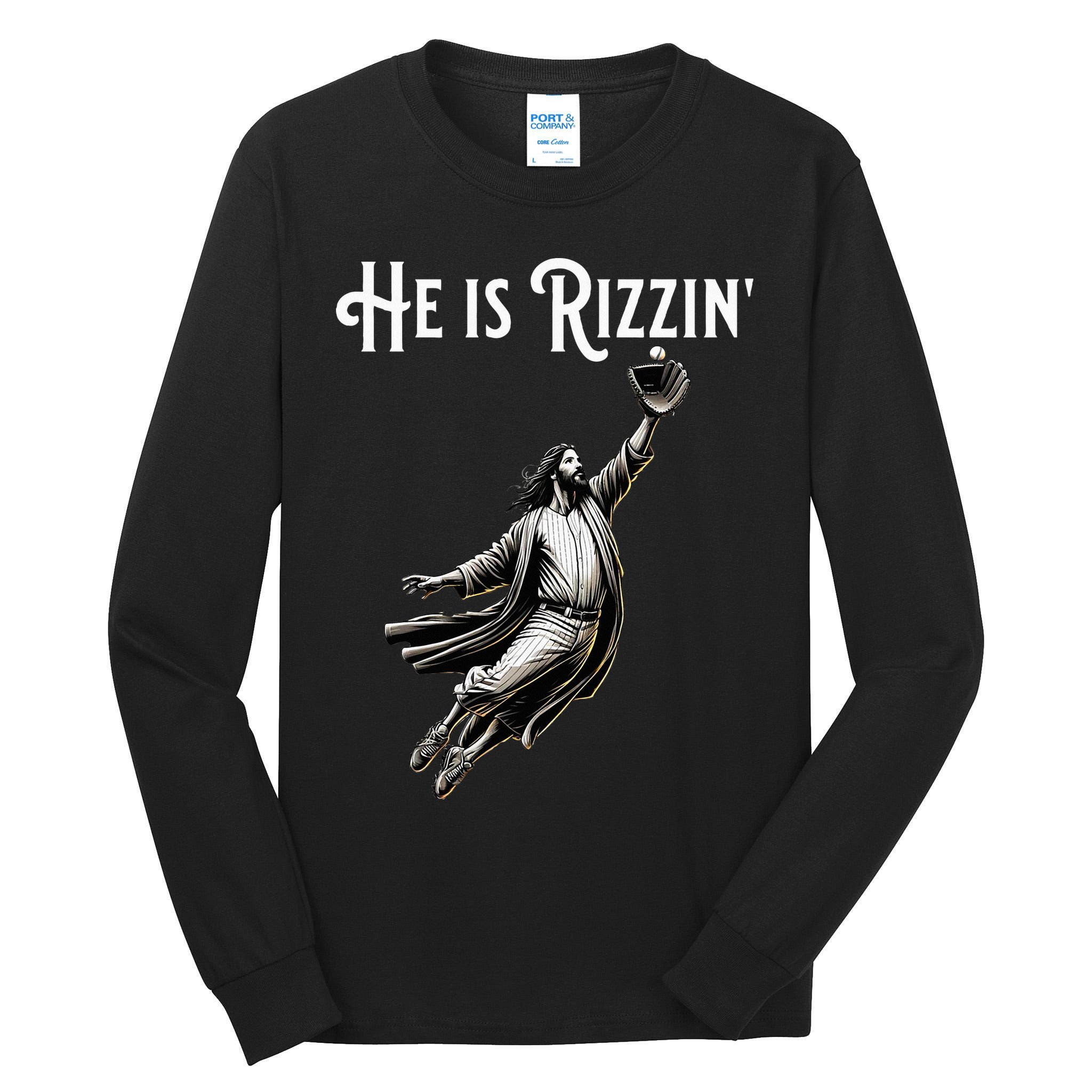 He Is Rizzin Jesus Playing Baseball Funny Sports Rizz Tall Long Sleeve T-Shirt
