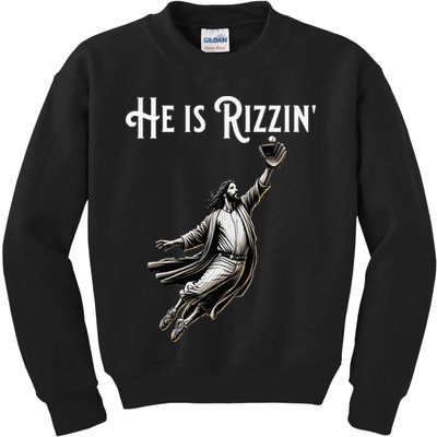 He Is Rizzin Jesus Playing Baseball Funny Sports Rizz Kids Sweatshirt