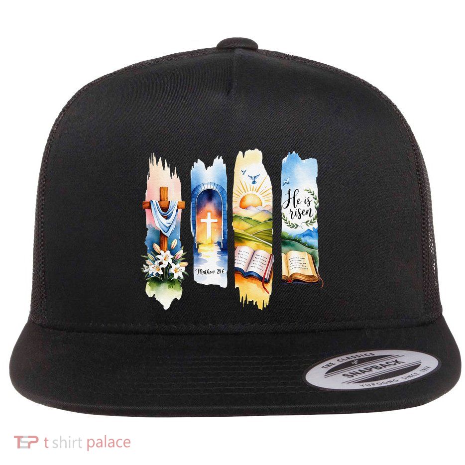 He Is Risen Jesus Christian Happy Easter Women Flat Bill Trucker Hat