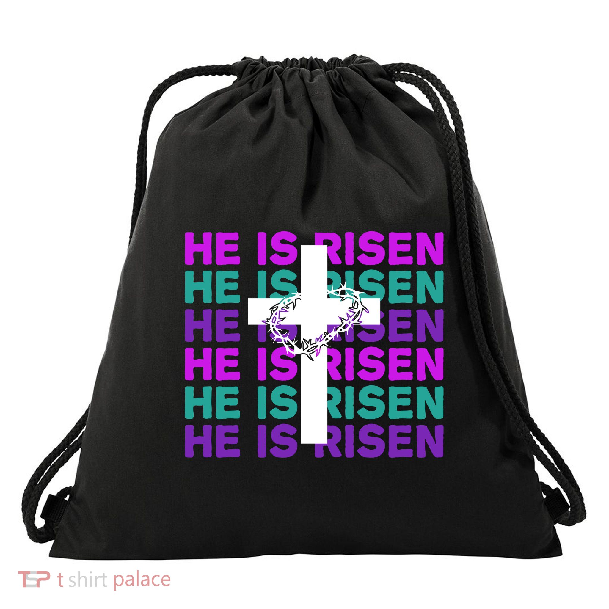 He Is Risen Retro Cross Easter Drawstring Bag
