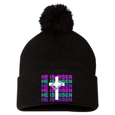 He Is Risen Retro Cross Easter Pom Pom 12in Knit Beanie