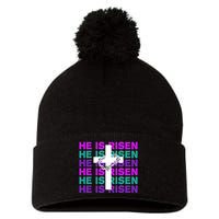 He Is Risen Retro Cross Easter Pom Pom 12in Knit Beanie
