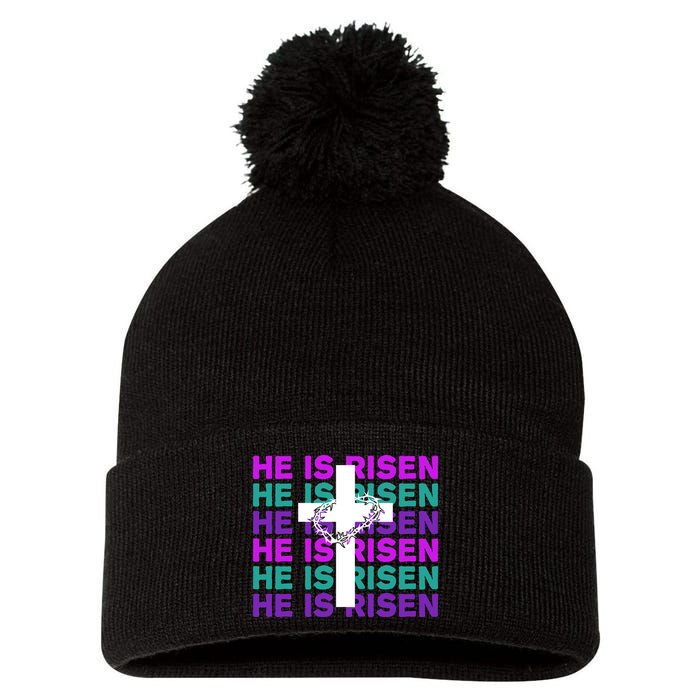 He Is Risen Retro Cross Easter Pom Pom 12in Knit Beanie