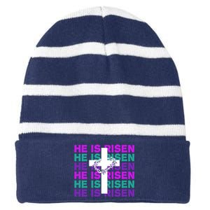 He Is Risen Retro Cross Easter Striped Beanie with Solid Band