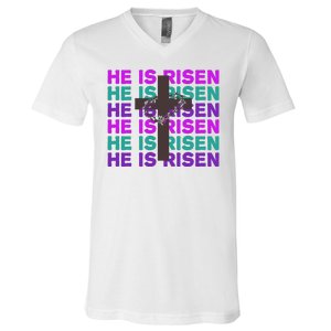 He Is Risen Retro Cross Easter V-Neck T-Shirt