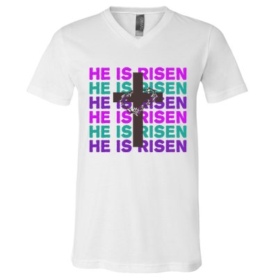 He Is Risen Retro Cross Easter V-Neck T-Shirt