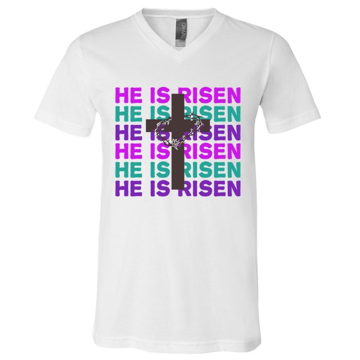 He Is Risen Retro Cross Easter V-Neck T-Shirt