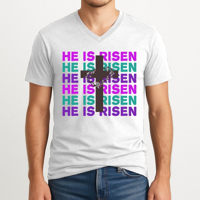 He Is Risen Retro Cross Easter V-Neck T-Shirt