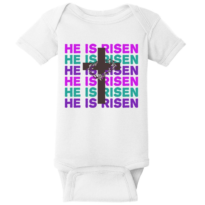 He Is Risen Retro Cross Easter Baby Bodysuit