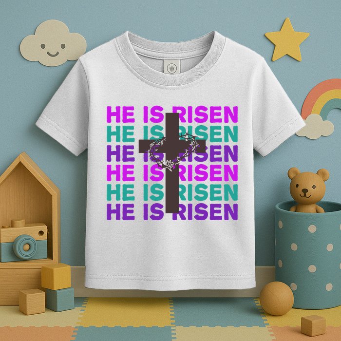 He Is Risen Retro Cross Easter Toddler T-Shirt