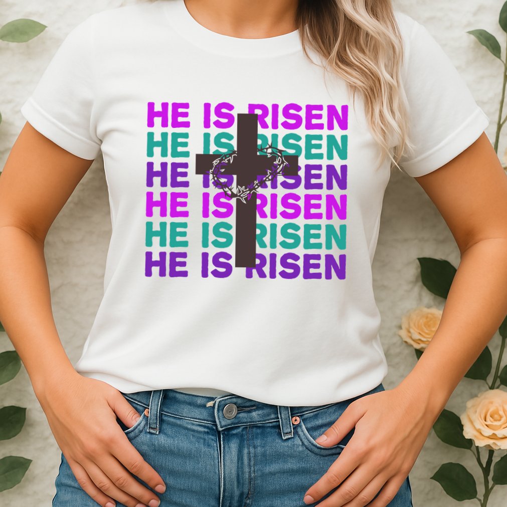 He Is Risen Retro Cross Easter Womens T-Shirt