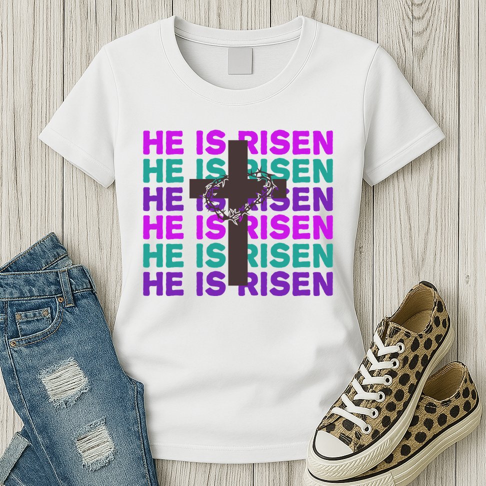 He Is Risen Retro Cross Easter Womens T-Shirt
