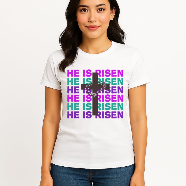 He Is Risen Retro Cross Easter Womens T-Shirt
