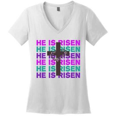 He Is Risen Retro Cross Easter Women's V-Neck T-Shirt