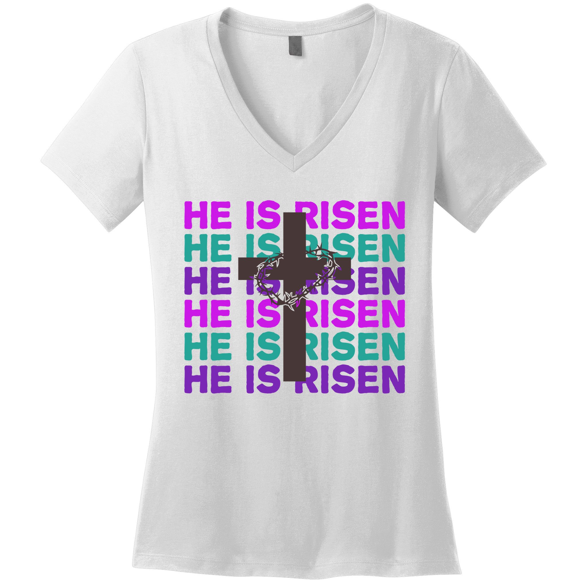 He Is Risen Retro Cross Easter Women's V-Neck T-Shirt
