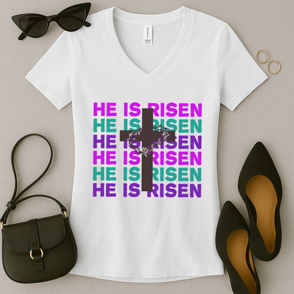 He Is Risen Retro Cross Easter Women's V-Neck T-Shirt