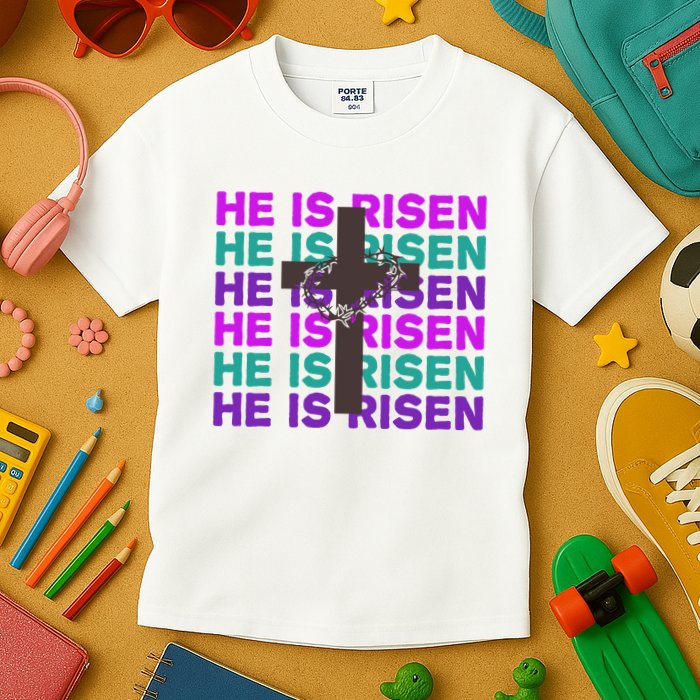 He Is Risen Retro Cross Easter Kids T-Shirt