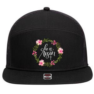 He Is Risen Jesus Christian Happy Easter Floral Wreath 7 Panel Mesh Trucker Snapback Hat