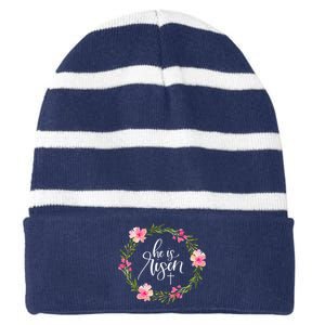 He Is Risen Jesus Christian Happy Easter Floral Wreath Striped Beanie with Solid Band