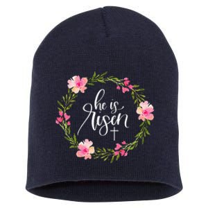 He Is Risen Jesus Christian Happy Easter Floral Wreath Short Acrylic Beanie