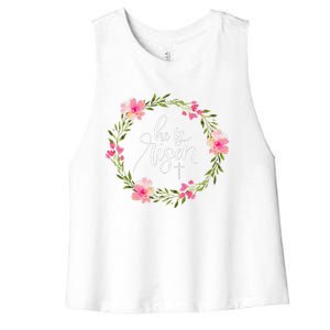 He Is Risen Jesus Christian Happy Easter Floral Wreath Women's Racerback Cropped Tank