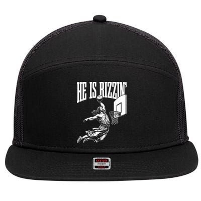 He Is Rizzin Funny Jesus Basketball Meme 7 Panel Mesh Trucker Snapback Hat