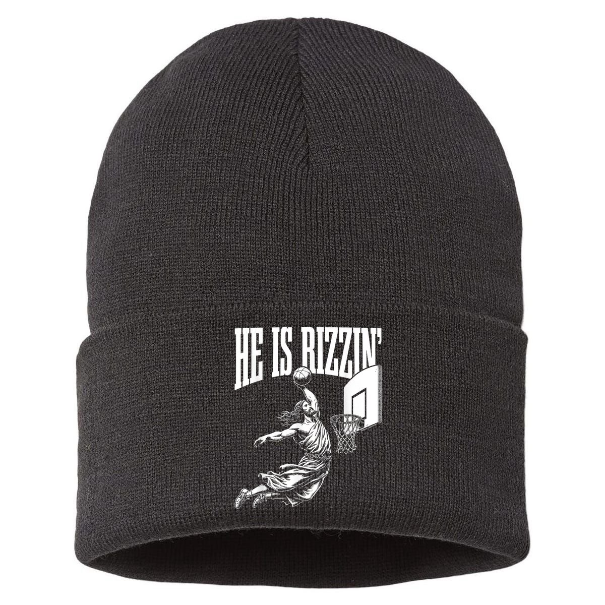 He Is Rizzin Funny Jesus Basketball Meme Sustainable Knit Beanie