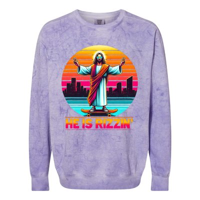 He Is Rizzen Christian Jesus Has Rizzen Skateboarding Lover Colorblast Crewneck Sweatshirt