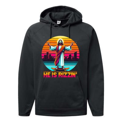 He Is Rizzen Christian Jesus Has Rizzen Skateboarding Lover Performance Fleece Hoodie