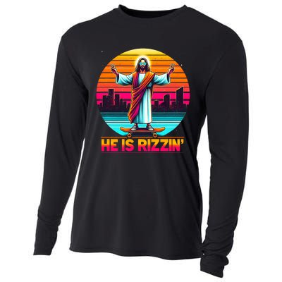 He Is Rizzen Christian Jesus Has Rizzen Skateboarding Lover Cooling Performance Long Sleeve Crew