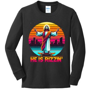 He Is Rizzen Christian Jesus Has Rizzen Skateboarding Lover Kids Long Sleeve Shirt