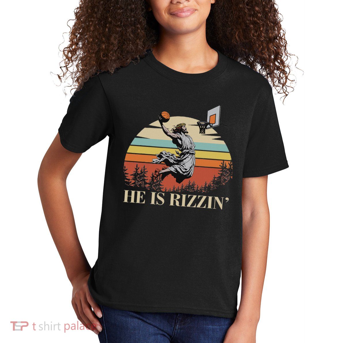 He Is Rizzin Jesus Playing Basketball Funny Easter Day Kids T-Shirt
