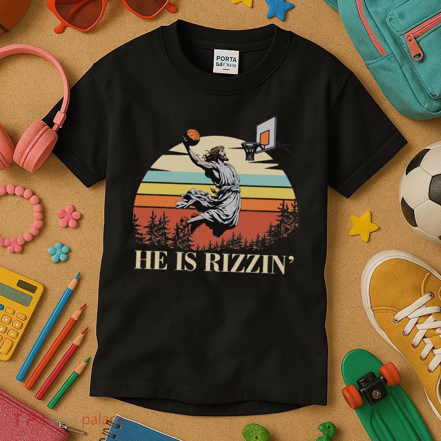 He Is Rizzin Jesus Playing Basketball Funny Easter Day Kids T-Shirt