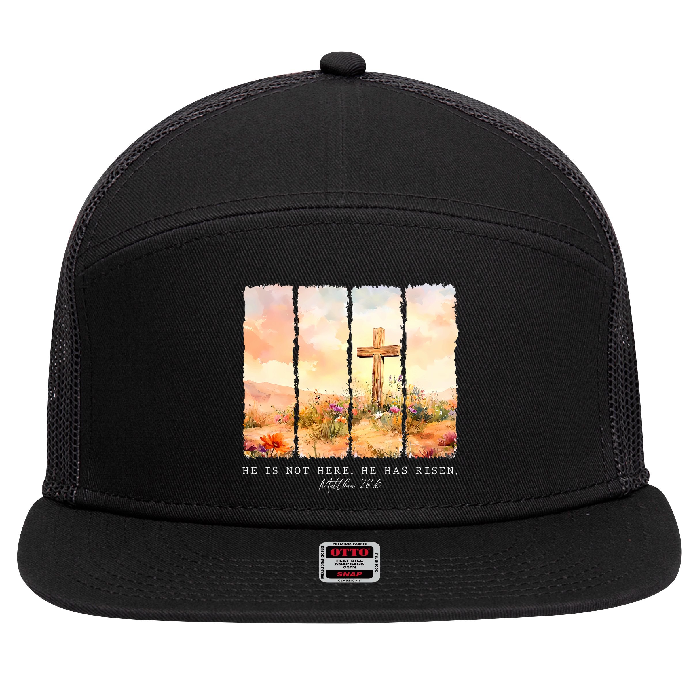 He Is Risen Christian Wildflower Happy Easter 7 Panel Mesh Trucker Snapback Hat
