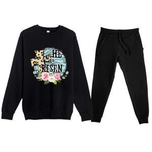 He Is Risen Jesus Christian Happy Easter Floral Wreath Women Premium Crewneck Sweatsuit Set