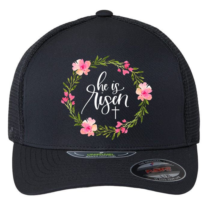 He is Risen Jesus Christian Happy Easter Floral Wreath Shirt Flexfit Unipanel Trucker Cap