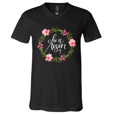 He is Risen Jesus Christian Happy Easter Floral Wreath Shirt V-Neck T-Shirt