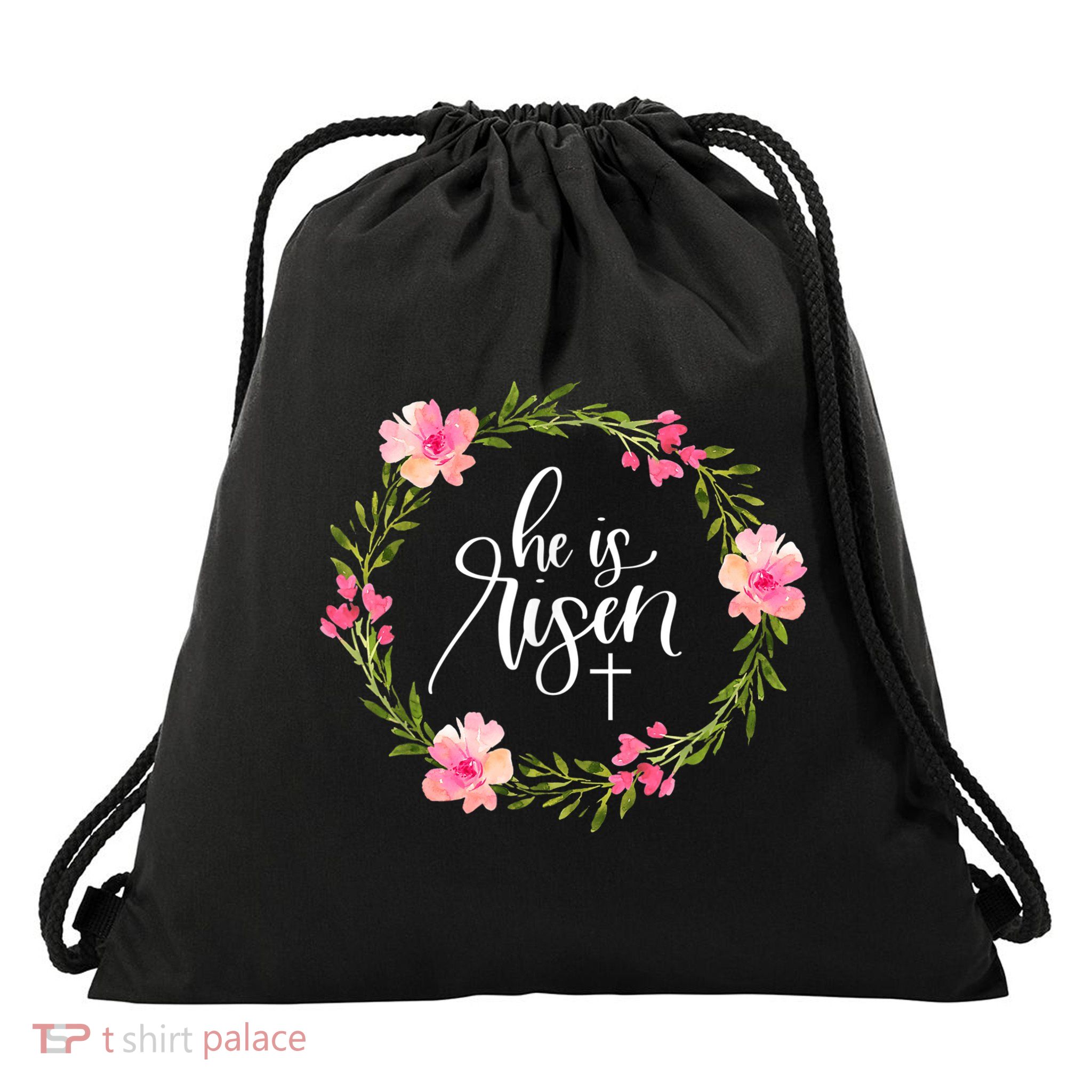 He is Risen Jesus Christian Happy Easter Floral Wreath Shirt Drawstring Bag