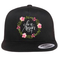 He is Risen Jesus Christian Happy Easter Floral Wreath Shirt Flat Bill Trucker Hat