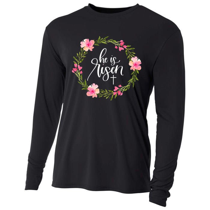 He is Risen Jesus Christian Happy Easter Floral Wreath Shirt Cooling Performance Long Sleeve Crew