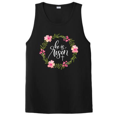 He is Risen Jesus Christian Happy Easter Floral Wreath Shirt PosiCharge Competitor Tank