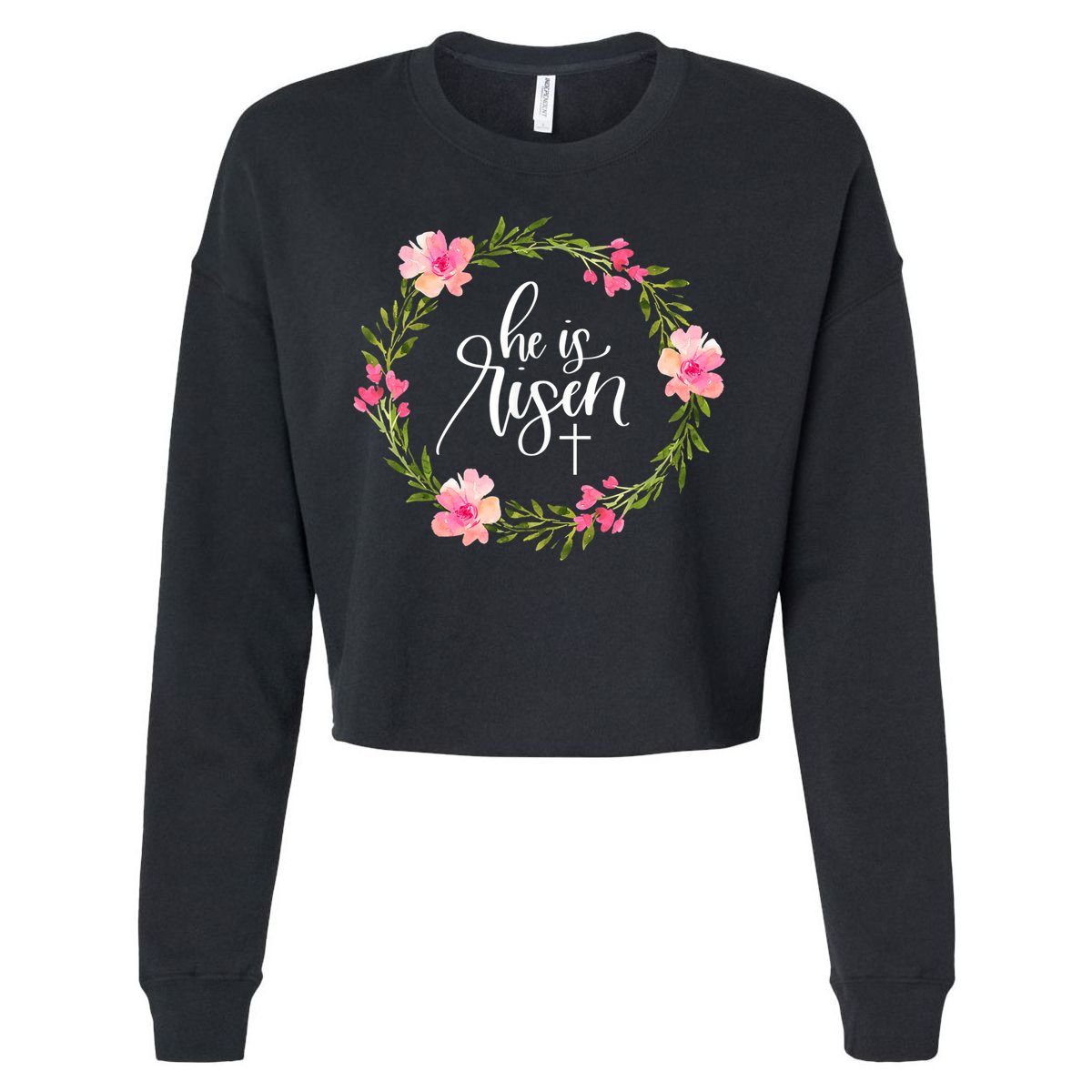 He is Risen Jesus Christian Happy Easter Floral Wreath Shirt Cropped Pullover Crew