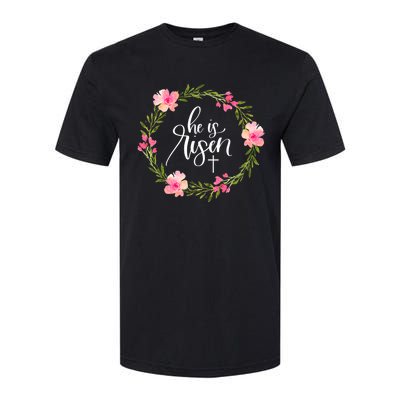 He is Risen Jesus Christian Happy Easter Floral Wreath Shirt Softstyle CVC T-Shirt