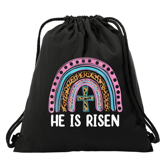 He Is Risen Rainbow Easter Cross Drawstring Bag