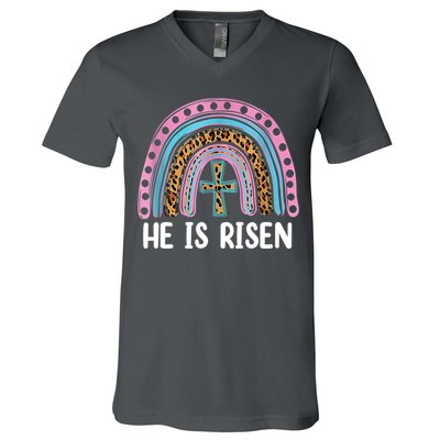 He Is Risen Rainbow Easter Cross V-Neck T-Shirt