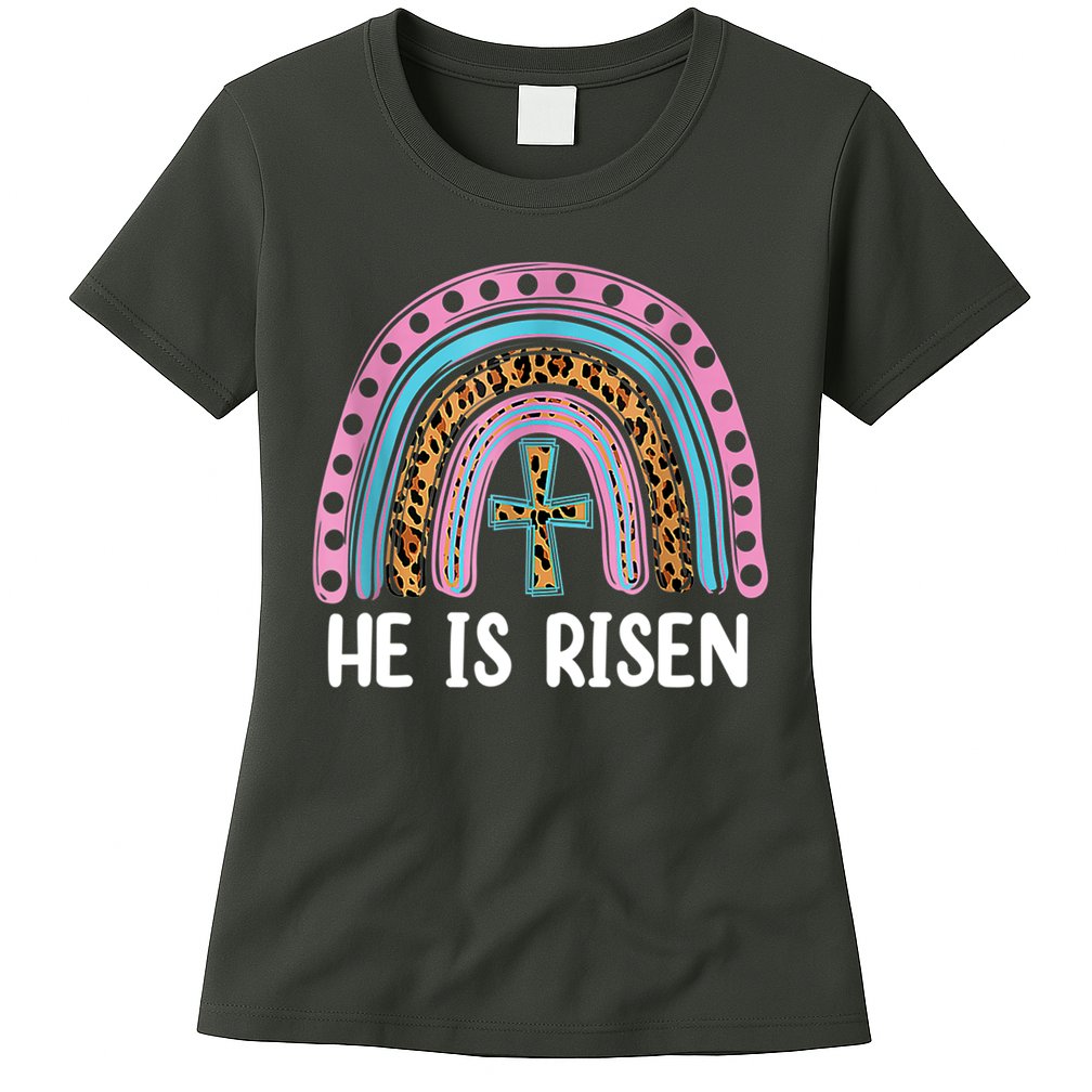 He Is Risen Rainbow Easter Cross Womens T-Shirt